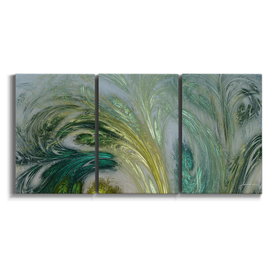 Three-panel canvas wall art featuring layered modern abstract landscape on white background.