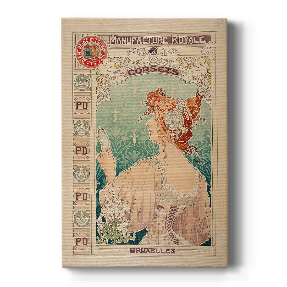 Canvas art print featuring an Art Nouveau poster of a woman with ornate details and corset advertisement text on a clean white background.