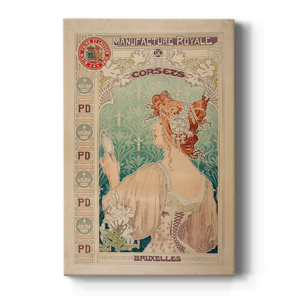 Canvas art print featuring an Art Nouveau poster of a woman with ornate details and corset advertisement text on a clean white background.