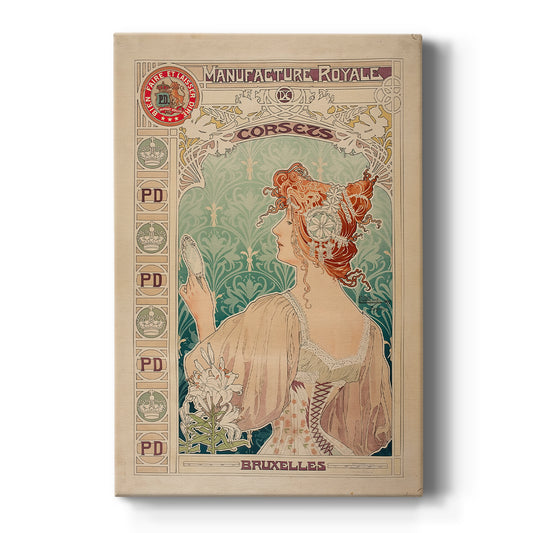 Canvas art print featuring an Art Nouveau poster of a woman with ornate details and corset advertisement text on a clean white background.