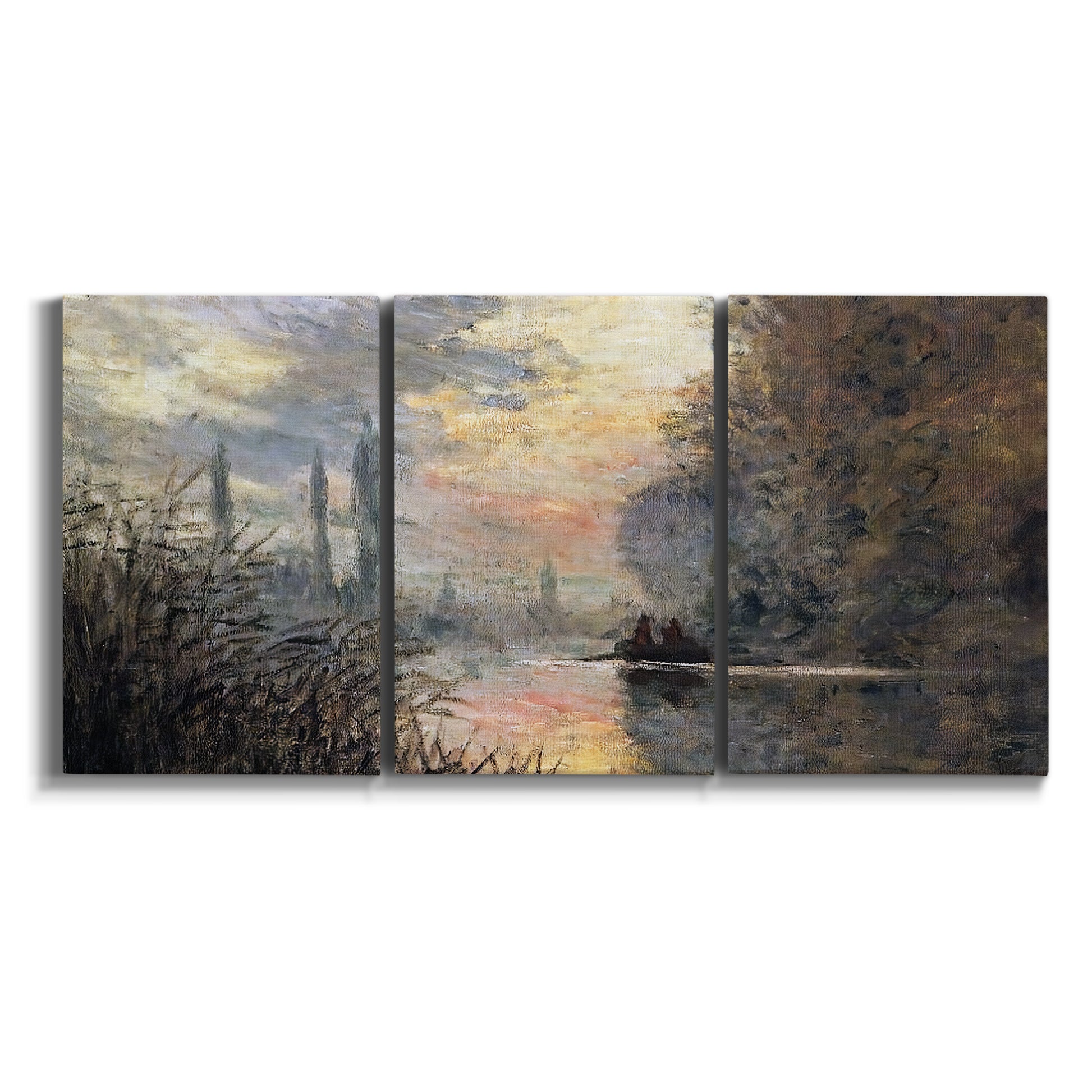Three-panel canvas wall art featuring winter river sunset with reflections on white background.