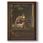 Classical genre painting of a child blowing soap bubbles by Jean-Siméon Chardin printed on canvas in an ornate bronzed mahogany wood frame with a vertical orientation.