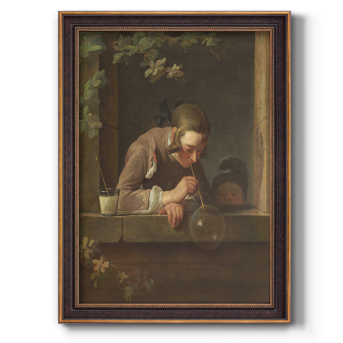 Classical genre painting of a child blowing soap bubbles by Jean-Siméon Chardin printed on canvas in an ornate bronzed mahogany wood frame with a vertical orientation.