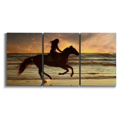 Three-panel canvas wall art featuring running horse along beach photograph on white background.