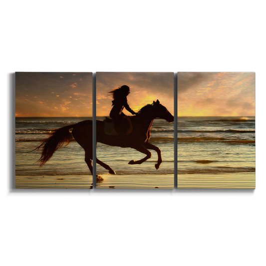 Three-panel canvas wall art featuring running horse along beach photograph on white background.