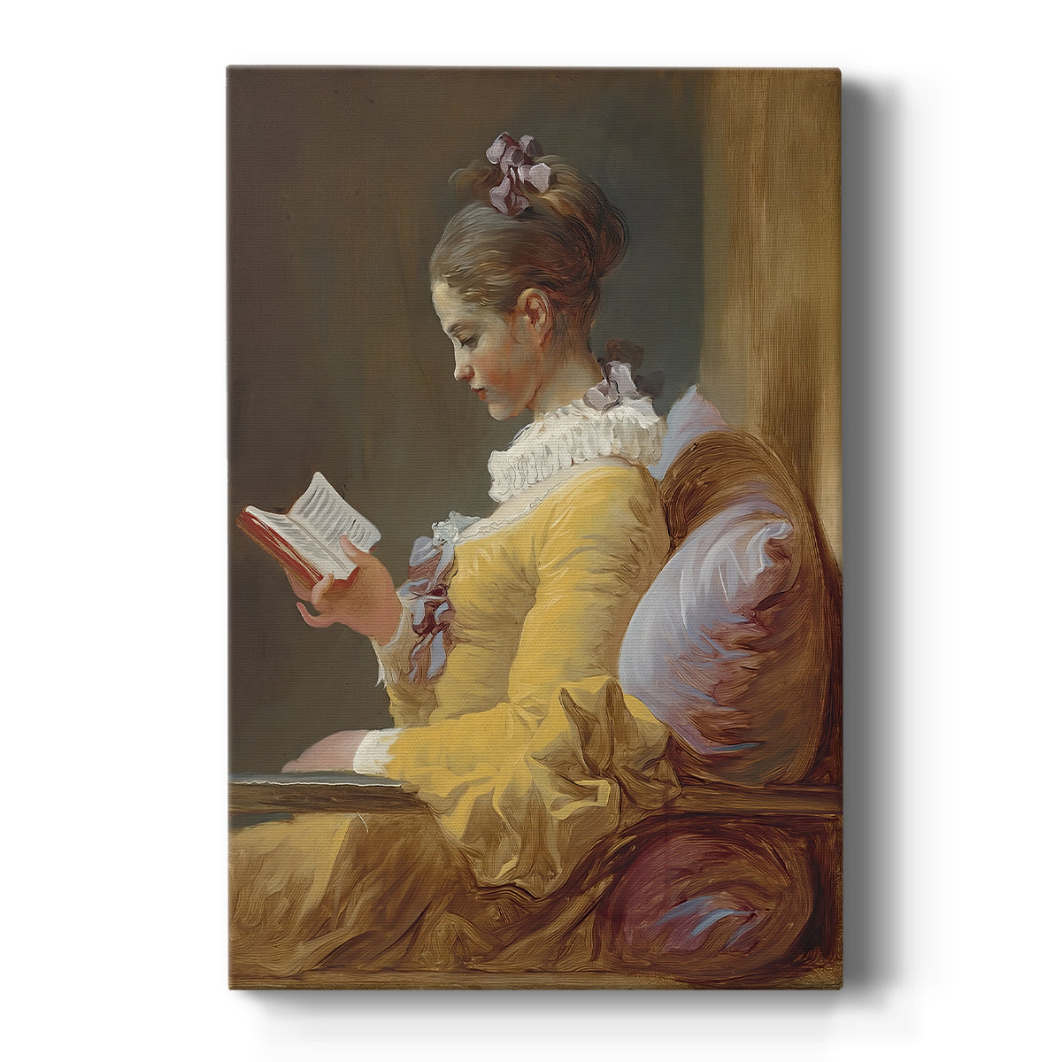 Canvas art print featuring a Rococo portrait of a young girl reading with soft light and warm tones on a clean white background.