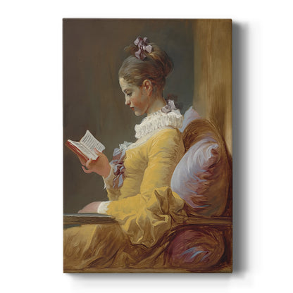 Canvas art print featuring a Rococo portrait of a young girl reading with soft light and warm tones on a clean white background.