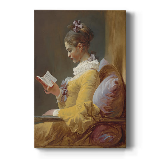 Canvas art print featuring a Rococo portrait of a young girl reading with soft light and warm tones on a clean white background.