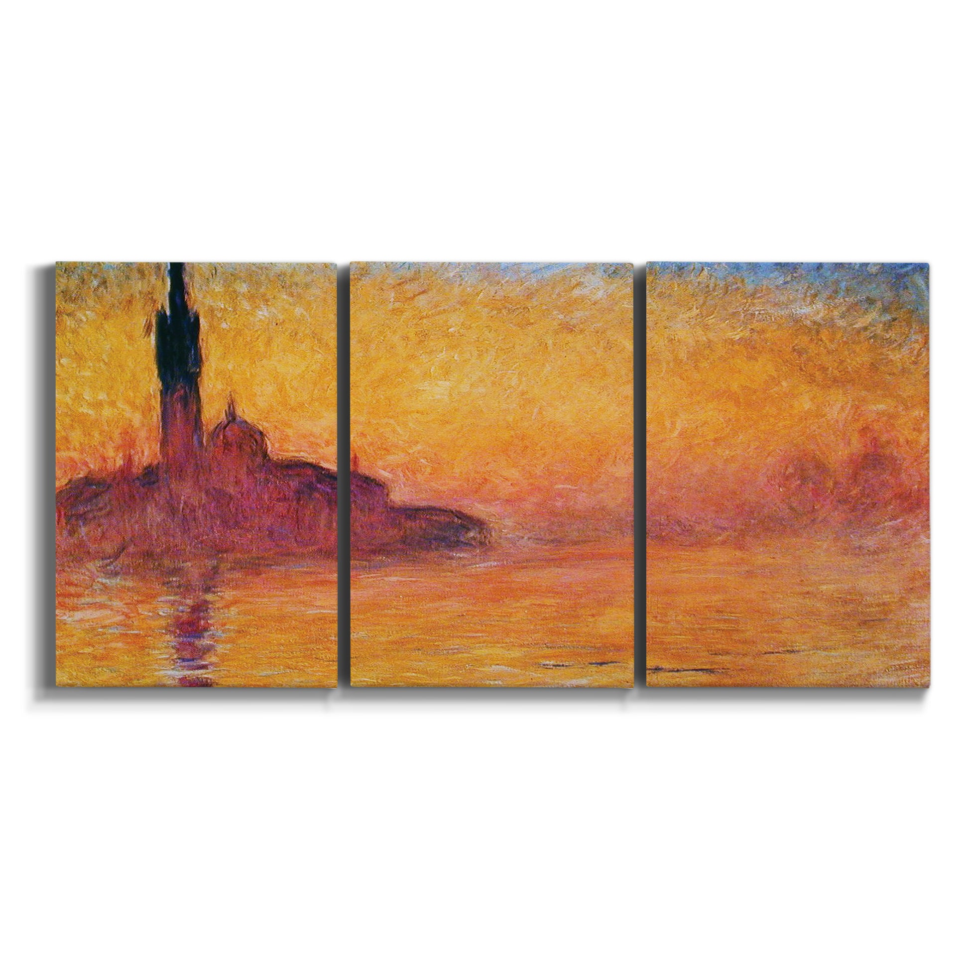 Three-panel canvas wall art featuring venetian church at twilight on white background.