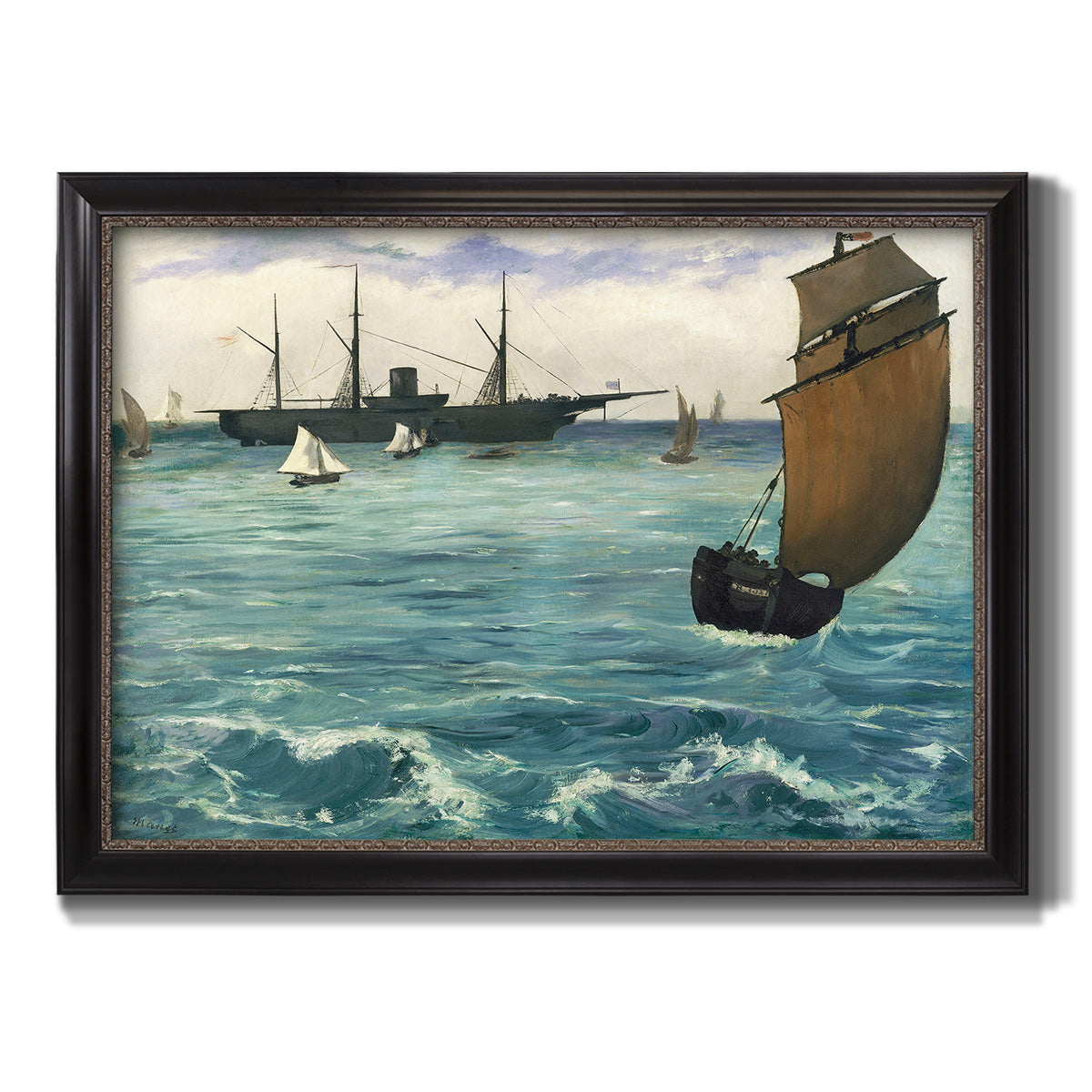 Impressionist naval seascape with the Kearsarge by Édouard Manet printed on canvas in an ornate black frame with gilded inner detail.
