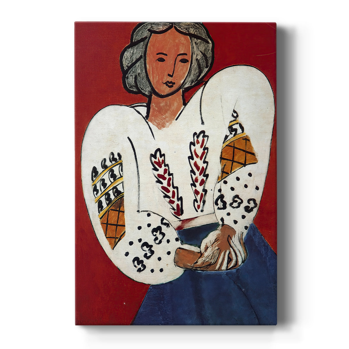 Canvas art print featuring a fauvist portrait of a woman wearing a patterned blouse with bold color on a clean white background.