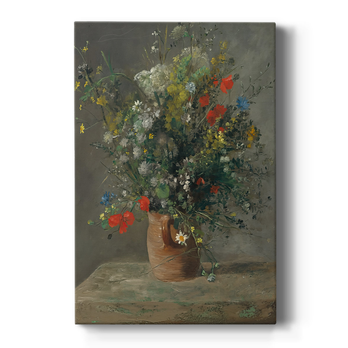 Canvas art print featuring an impressionist still life of flowers in a vase with soft blended colors on a clean white background.