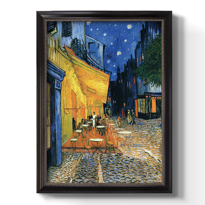 Impressionist night café street scene by Vincent van Gogh printed on canvas in an ornate bronzed mahogany wood frame with a vertical orientation.