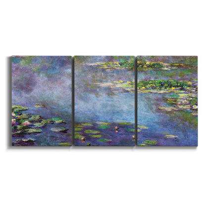 Three-panel canvas wall art featuring water lilies emerging through mist on white background.