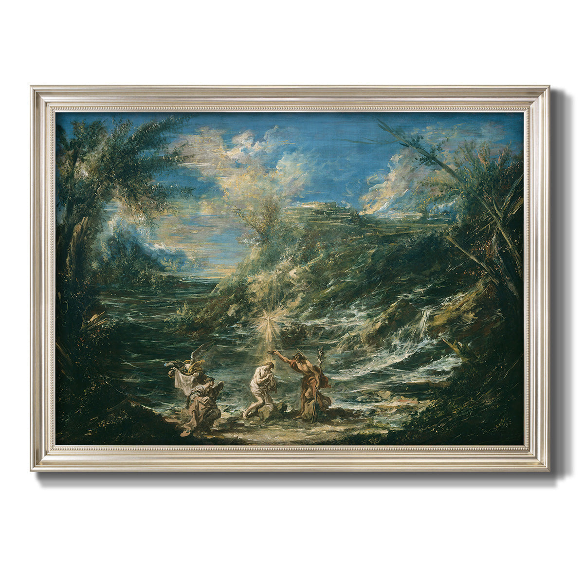 Religious landscape depicting the baptism of Christ by Alessandro Magnasco printed on canvas in an ornate champagne frame.