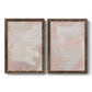 Set of two walnut barnwood framed canvas prints featuring two minimalist color-field abstracts featuring soft blush and white painterly fields.
