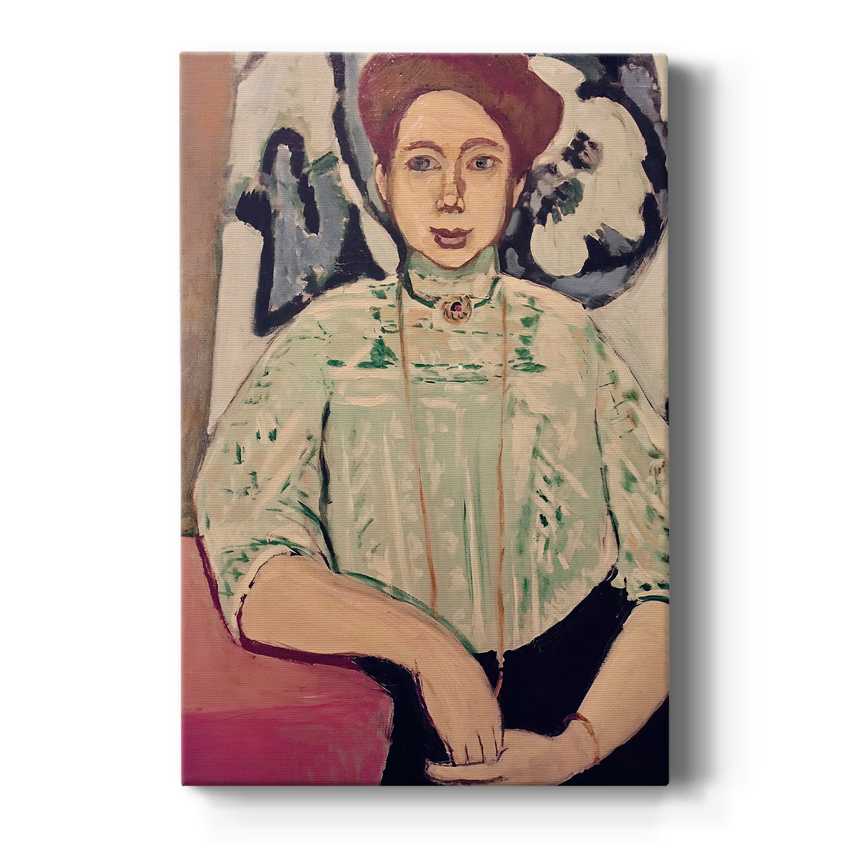 Canvas art print featuring a fauvist portrait of a seated woman with simplified features and soft tones on a clean white background.
