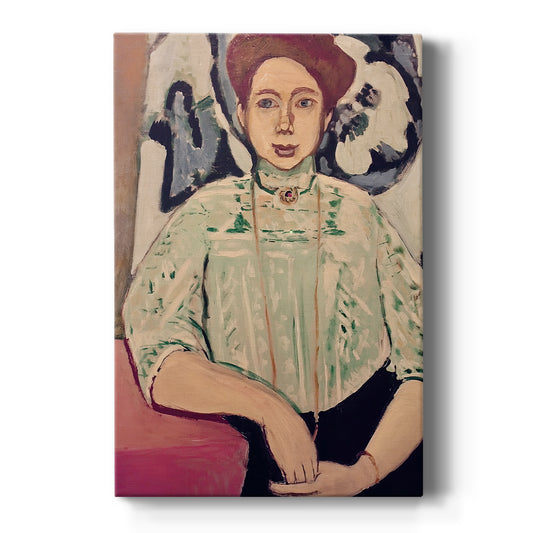 Canvas art print featuring a fauvist portrait of a seated woman with simplified features and soft tones on a clean white background.