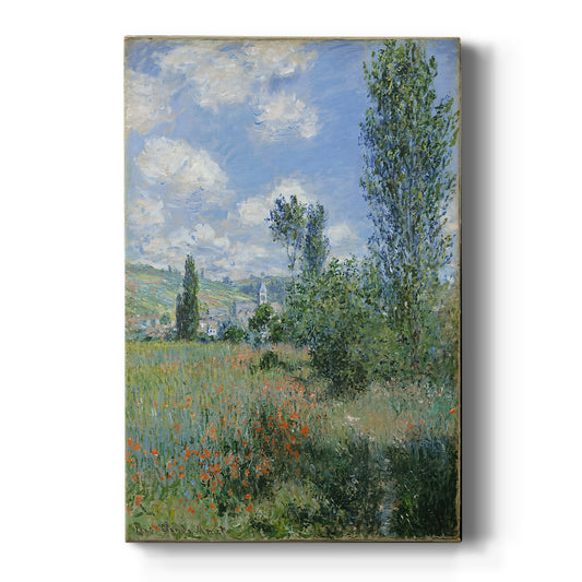 Canvas art print featuring an impressionist landscape of a village with soft light and natural tones on a clean white background.