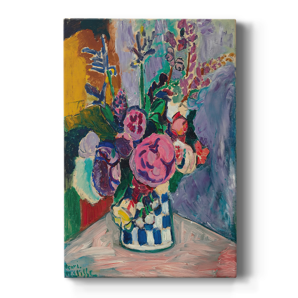 Canvas art print featuring a fauvist still life of peonies in a vase with rich color and loose brushwork on a clean white background.