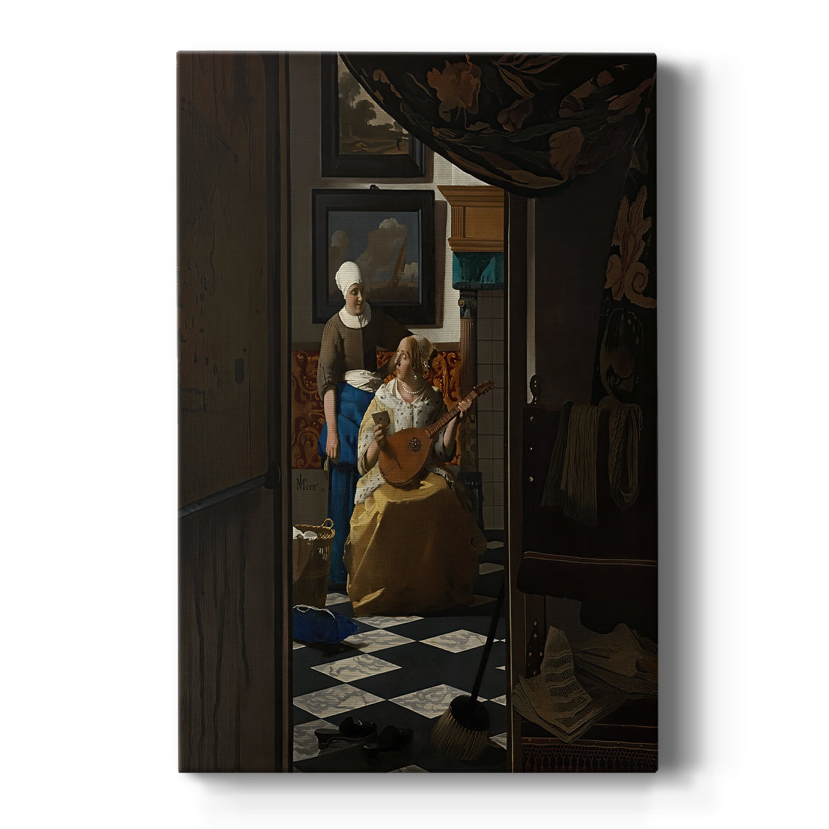 Canvas art print featuring a Baroque interior of a woman receiving a letter in soft window light on a clean white background.