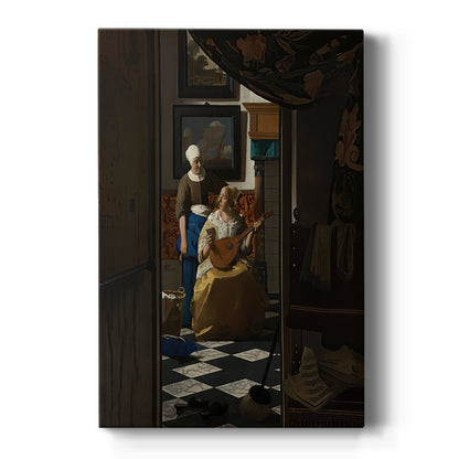 Canvas art print featuring a Baroque interior of a woman receiving a letter in soft window light on a clean white background.
