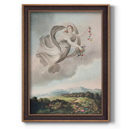 Classical allegorical depiction of the goddess Flora by Robert John Thornton printed on canvas in an ornate bronzed mahogany wood frame with a vertical orientation.