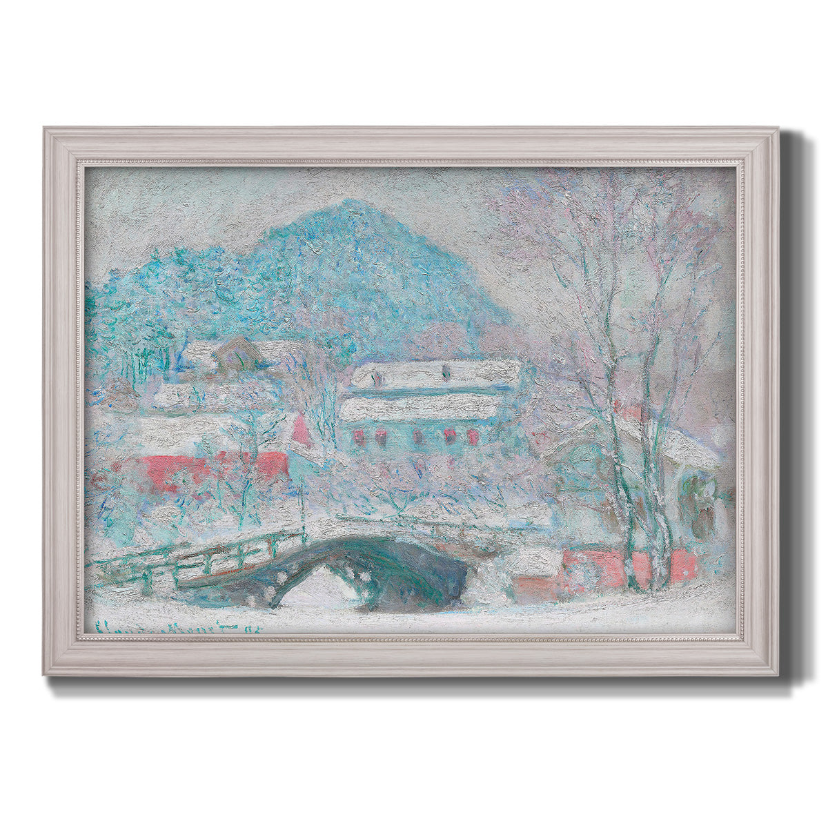 Impressionist coastal village landscape in Norway by Claude Monet printed on canvas in an ornate weathered white frame.