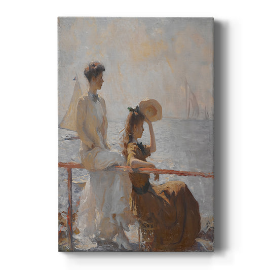 Canvas art print featuring an impressionist coastal scene of figures by the water in bright light on a clean white background.
