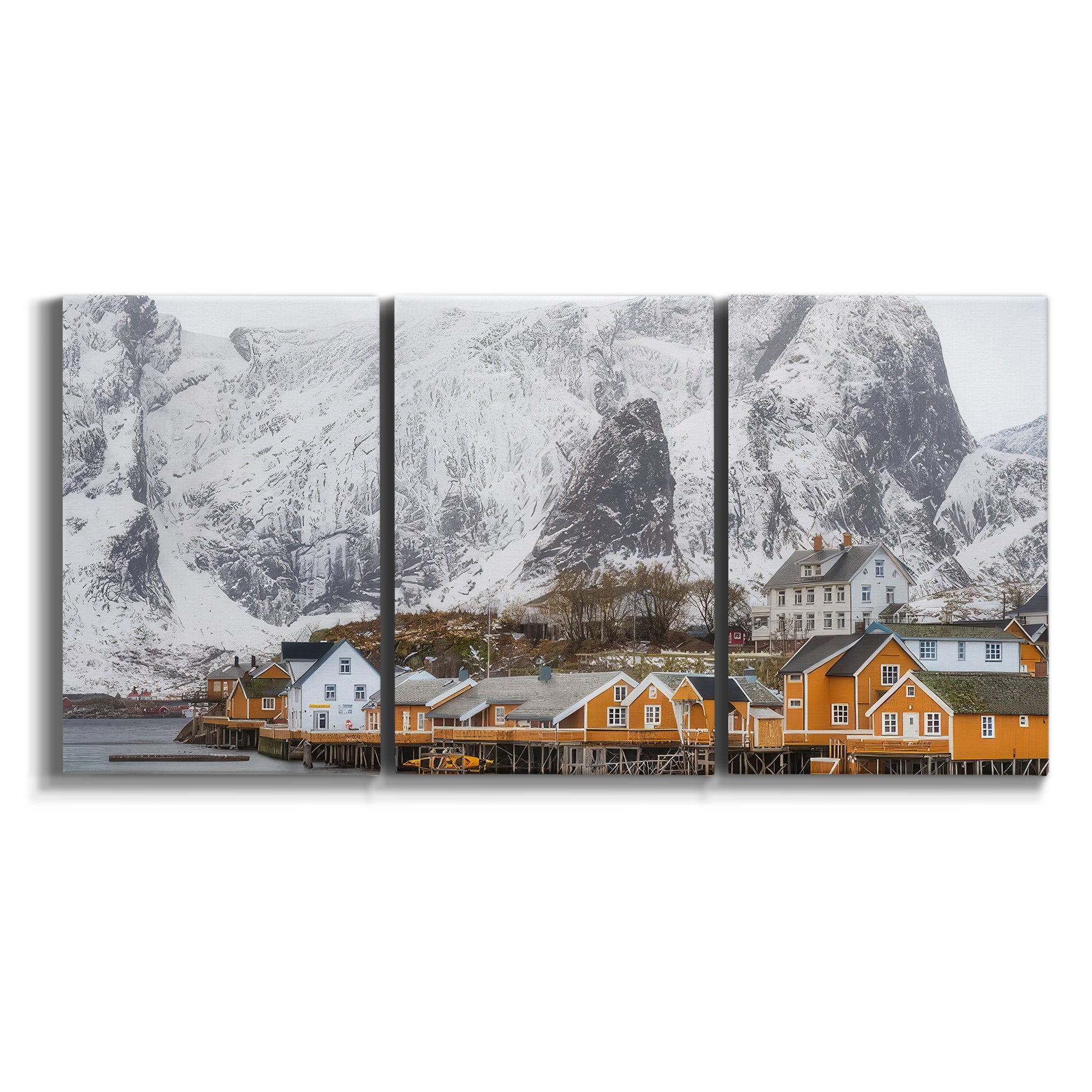 Three-panel canvas wall art featuring winter village street photography on white background.