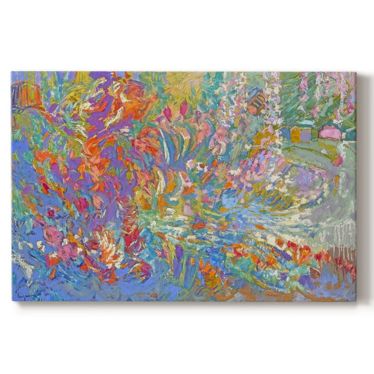 Vibrant display of colors depicting a lush garden blooming with flowers in an abstract style reflecting serenity and joy