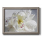 Soft white peony close-up printed on canvas in an ornate vintage silver frame.