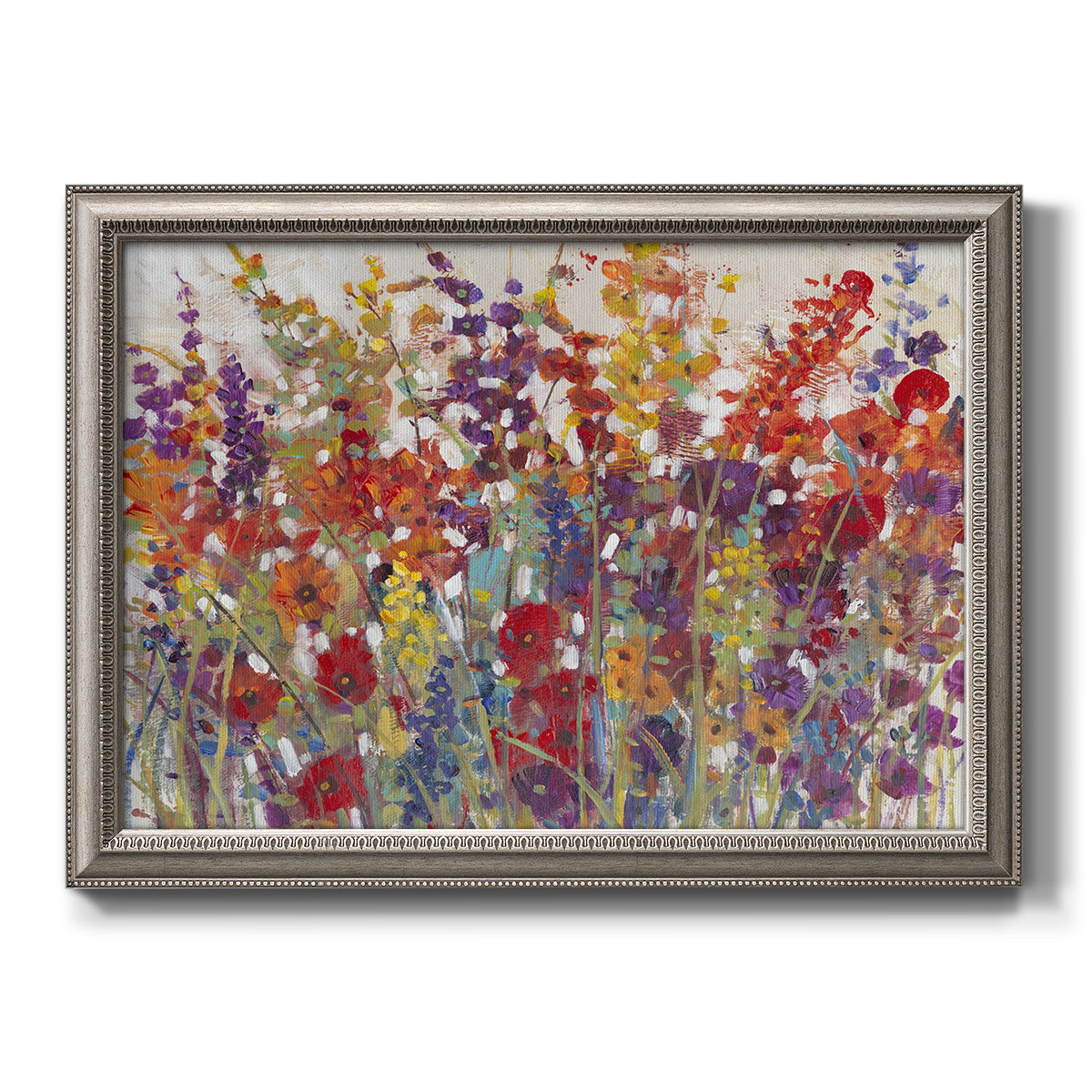 Impressionist floral bouquet artwork printed on canvas in an ornate vintage silver frame.
