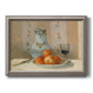Impressionist still life painting with apples and a ceramic pitcher printed on canvas in an ornate vintage silver frame.