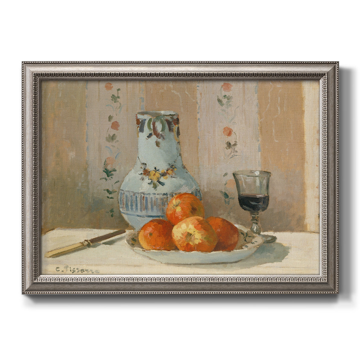 Impressionist still life painting with apples and a ceramic pitcher printed on canvas in an ornate vintage silver frame.