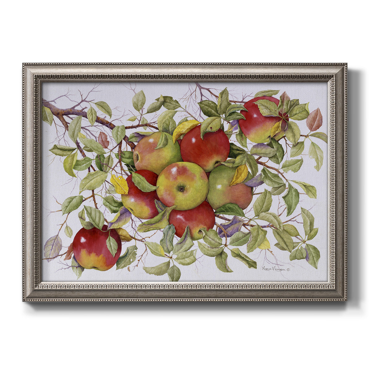 Classic still life painting of apples printed on canvas in an ornate vintage silver frame.