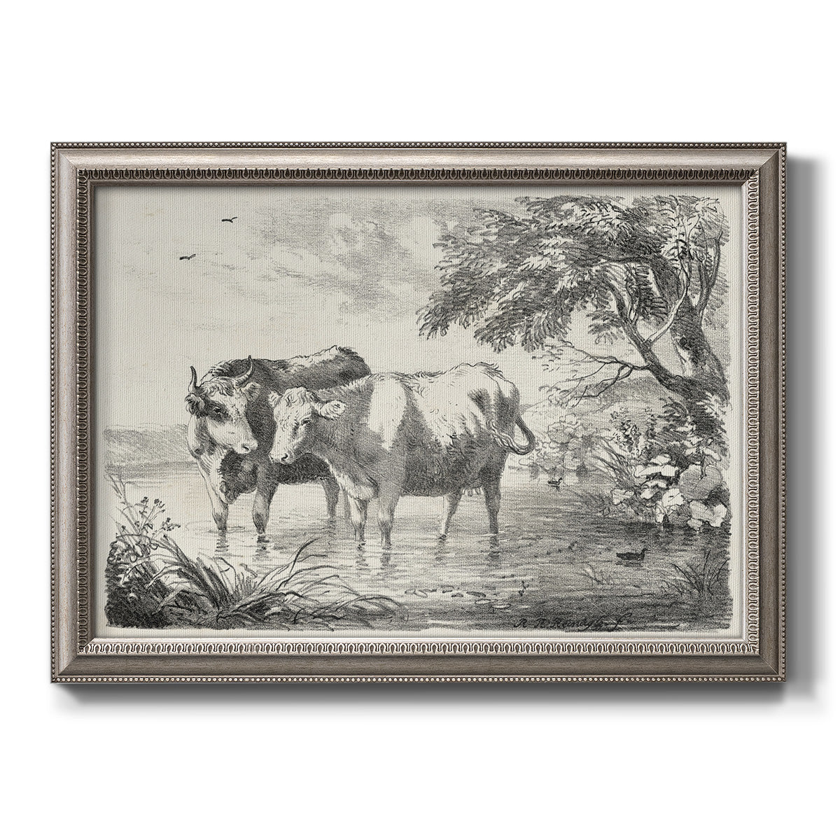 Classical countryside landscape artwork by Nicolas Berchem printed on canvas in an ornate vintage silver frame.