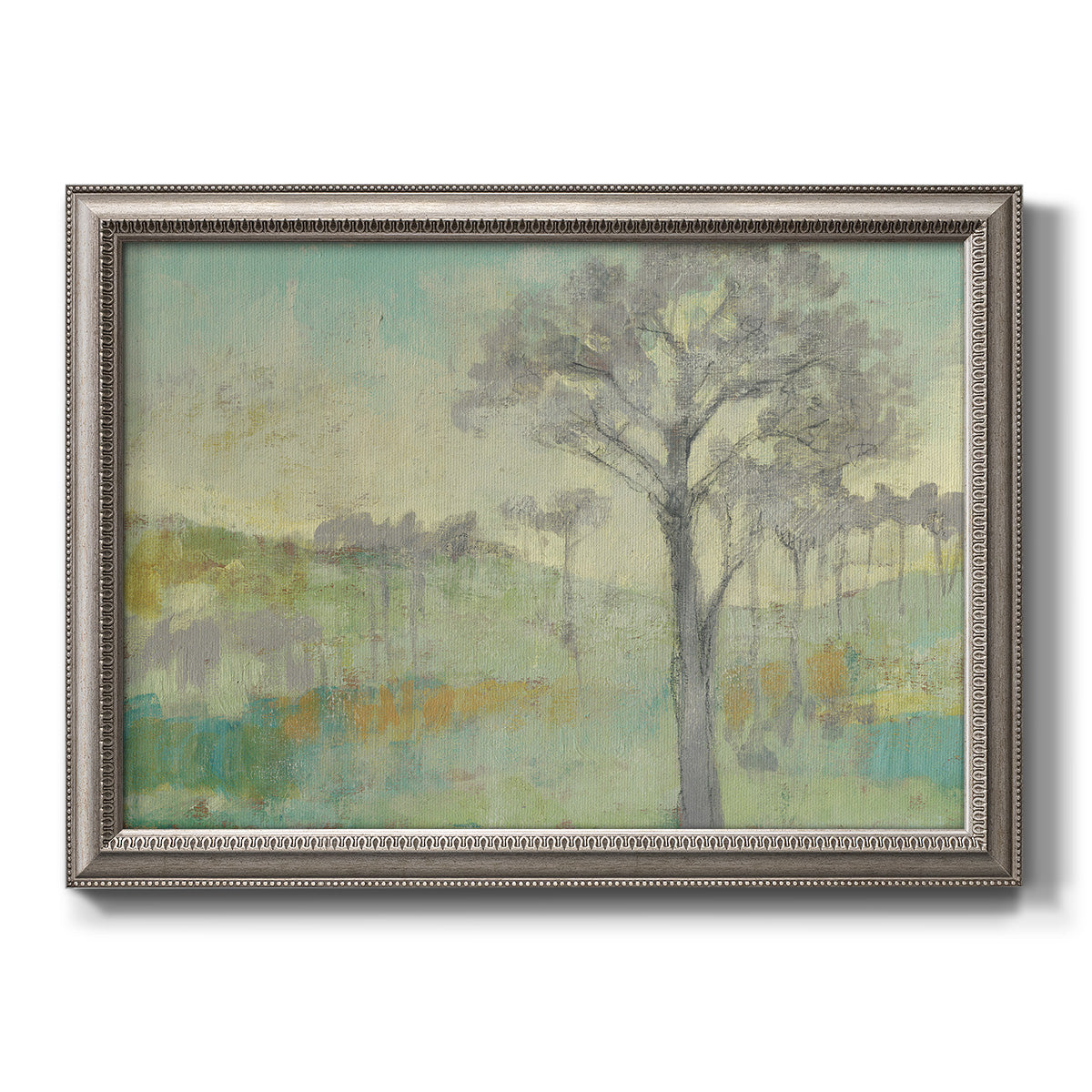 Classical watercolor landscape with trees printed on canvas in an ornate vintage silver frame.