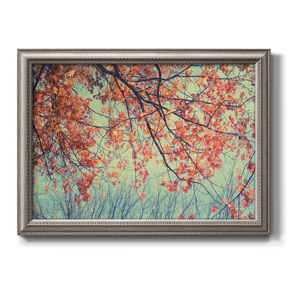 Eclectic fall floral landscape artwork printed on canvas in an ornate vintage silver frame.
