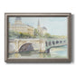 Classical watercolor painting of a French bridge printed on canvas in an ornate vintage silver frame.