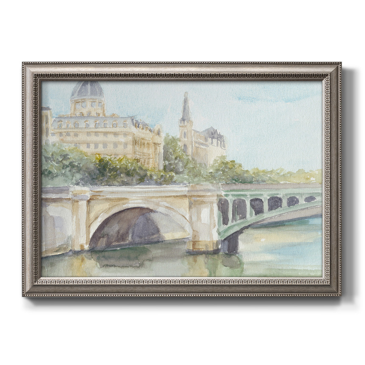 Classical watercolor painting of a French bridge printed on canvas in an ornate vintage silver frame.