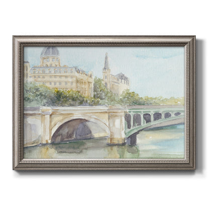 Classical watercolor painting of a French bridge printed on canvas in an ornate vintage silver frame.