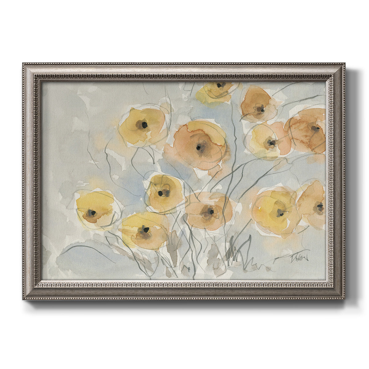 Minimalist poppy flower watercolor artwork printed on canvas in an ornate vintage silver frame.