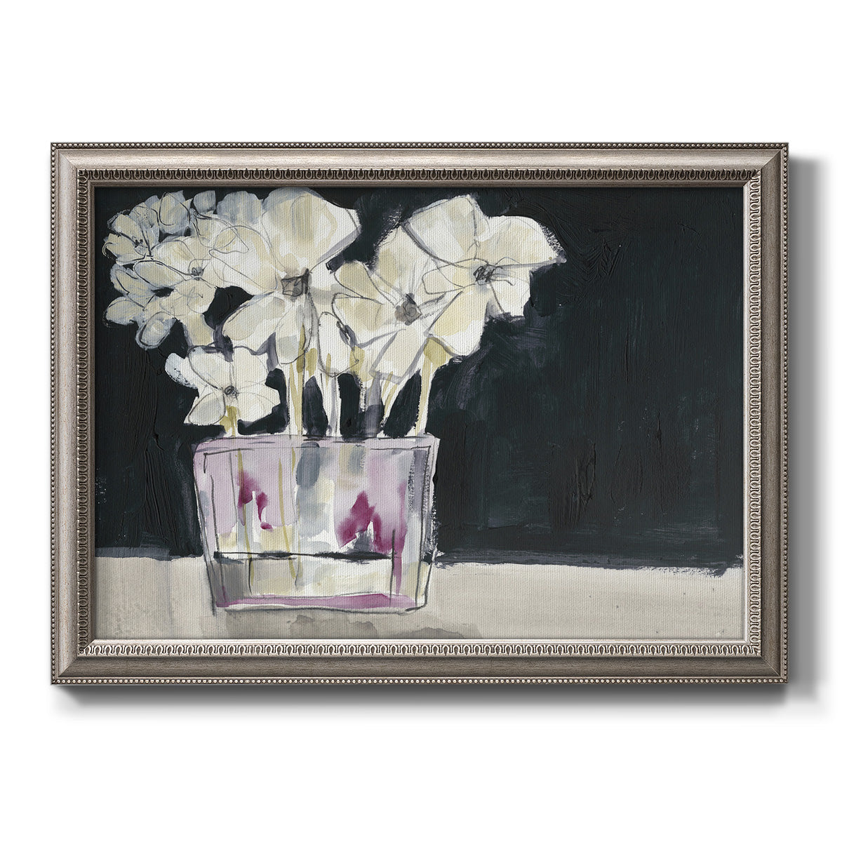 Contemporary floral watercolor with white flowers printed on canvas in an ornate vintage silver frame.