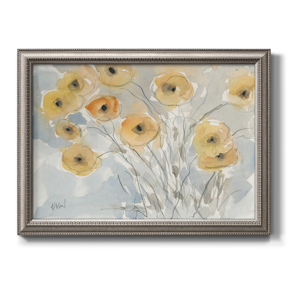 Impressionist poppy floral watercolor painting printed on canvas in an ornate vintage silver frame.
