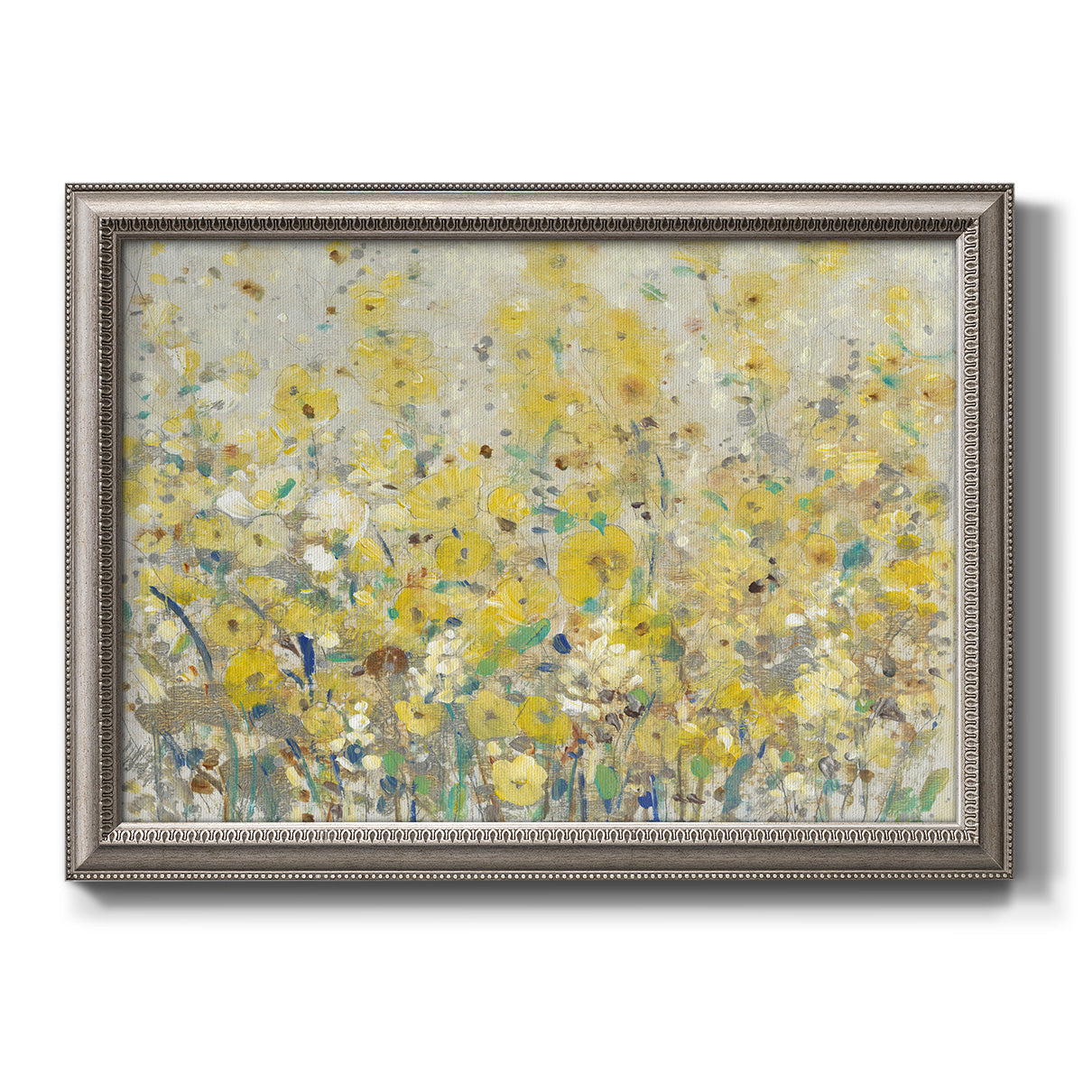Impressionist floral garden painting printed on canvas in an ornate vintage silver frame.