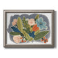 Colorful eclectic botanical artwork printed on canvas in an ornate vintage silver frame.