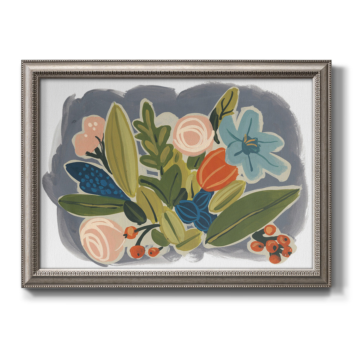 Colorful eclectic botanical artwork printed on canvas in an ornate vintage silver frame.