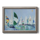 Coastal harbor watercolor painting printed on canvas in an ornate vintage silver frame.