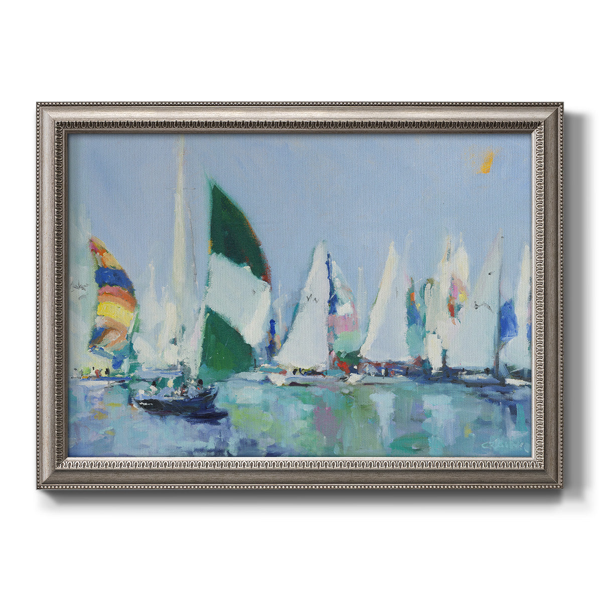 Coastal harbor watercolor painting printed on canvas in an ornate vintage silver frame.